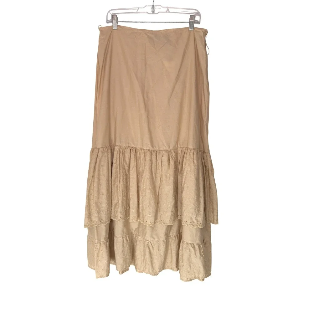Women's Skirt Khaki‎ Embroidered Cottagecore Western Floral Tiered Broomstick 14